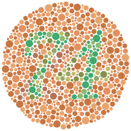 An Isahara color test plate for red-green color blindness showing the number 74 in green on a red background