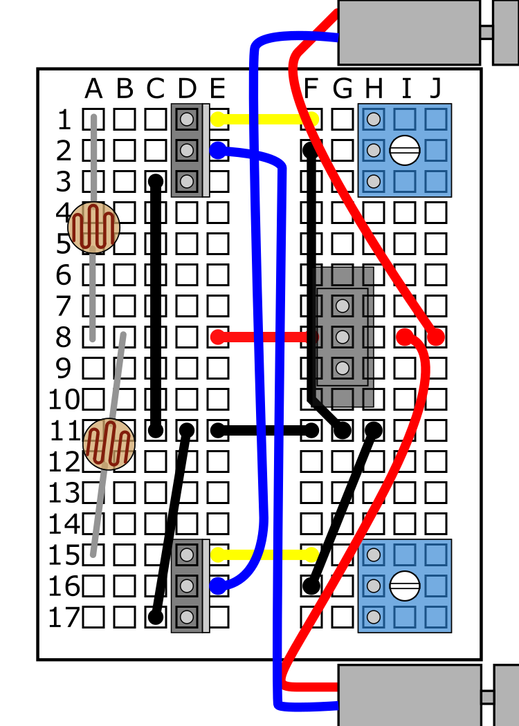  Connect the bottom motor's red lead to I8 and the blue lead to E2. 