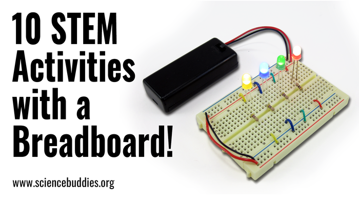 LEDs and a battery pack inserted into a breadboard