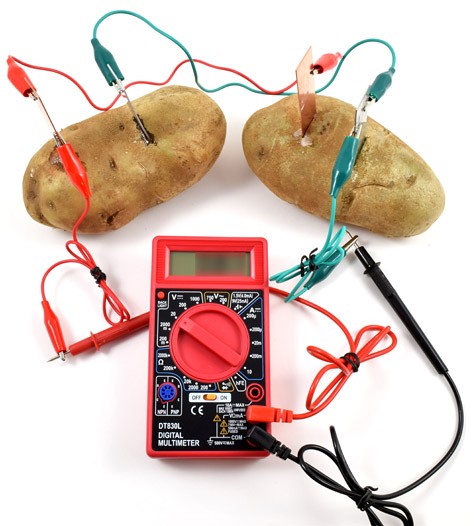 Two potatoes each with zinc and copper electrodes are wired in parallel with a multimeter