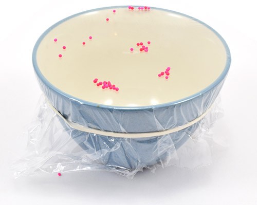 Plastic wrap is stretched across the top of a small bowl with sprinkles placed on top