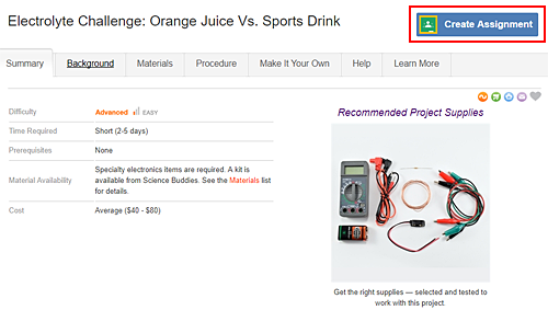 Cropped screenshot of a Create Assignment button highlighted on a Science Buddies project summary page