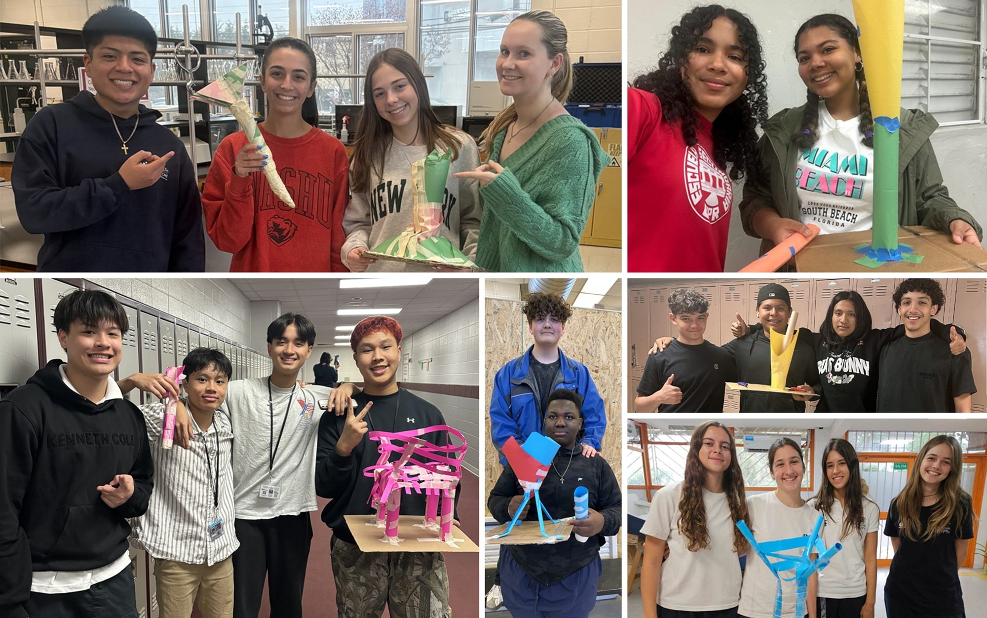 College of students, ages 15 and up, showing off their rocket catching
      devices