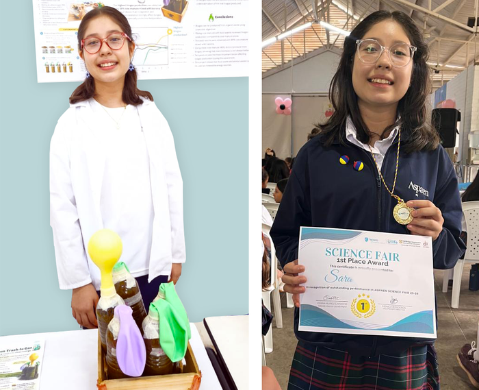 Student at the science fair with biogas experiment