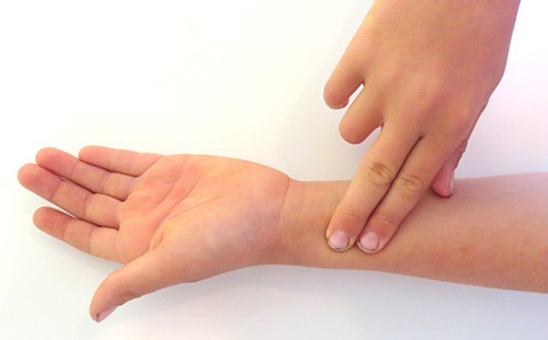 Photo of two fingers placed on the inside of a wrist to measure a pulse