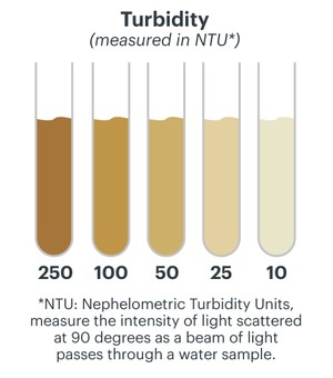 Tubes showing different measurements of turbidity level, measured in NTU
