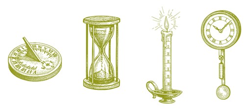 Drawing of sundial, hourglass, candle clock and pendulum clock