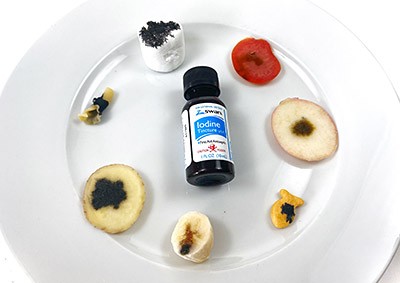 Different food pieces and a flask of iodine tincture displayed on a plate together. 