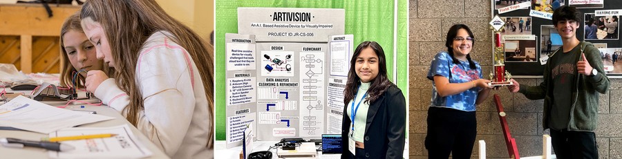 Suhana, 7th-grade student and winner of a Broadcom Coding with Commitment award, with display board from the 2023 Arizona Science and Engineering Fair (AzSEF); MESA trebuchet students