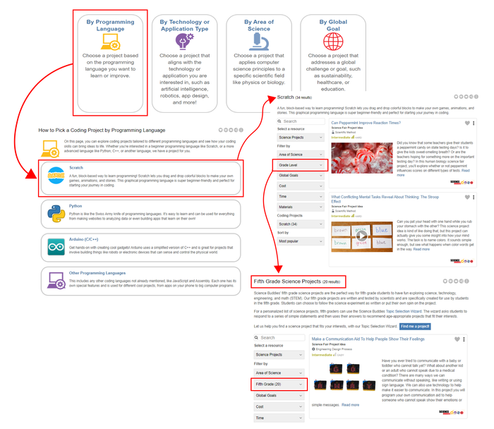 Sample flow showing how a student might find a fifth grade coding project