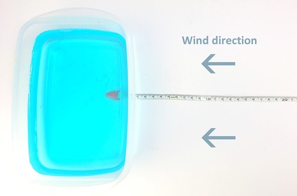 A measuring tape stretched out away from a container with an arrow representing the direction of the wind pointing towards the container.