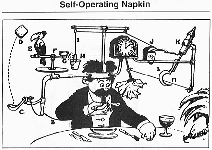 Cartoon image of a Rube Goldberg machine titled 'self-Operating Napkin' where a person sitting at the table lifts a spoon. The spoon starts a machine that makes a napkin move in a convoluted way.