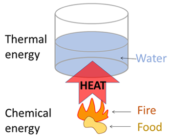 Drawing of burning food heating a container of water above by transferring chemical energy into thermal energy