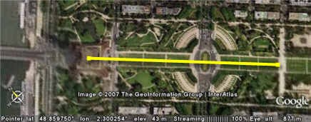 A yellow line is drawn over a satellite image of the Eiffel Tower