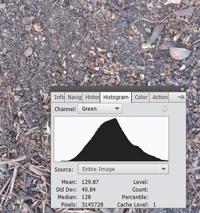 Color histogram for the green channel of a picture of dirt.