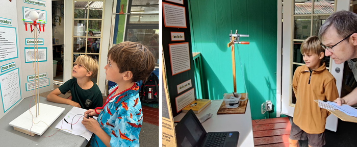 Max at the science fair with mini drone and then with levitating fountain