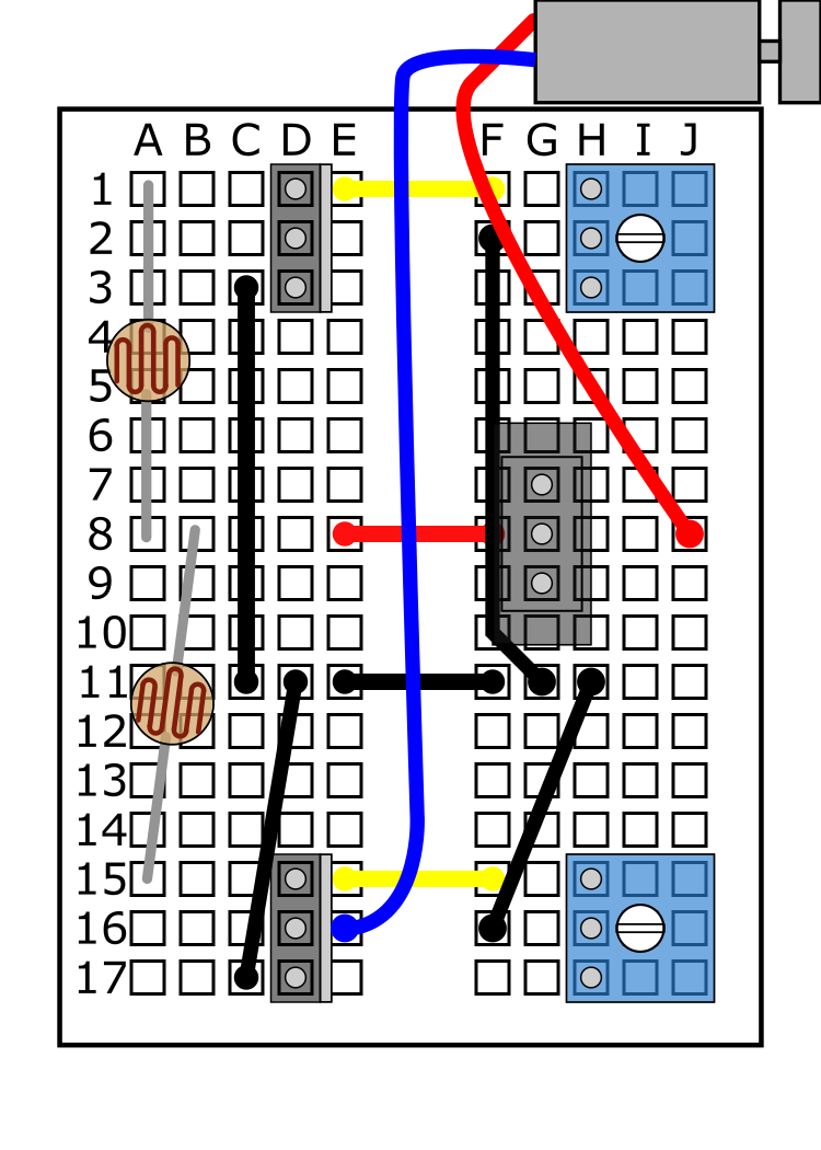 Connect the top motor's red lead to J8 and the blue lead to E16 