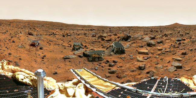 Composite image of the Martian surface taken from the Pathfinder rover, showing the Sojourner rover