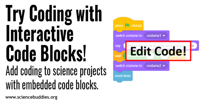 Sratch window interactive code blocks to introduce coding in science projects