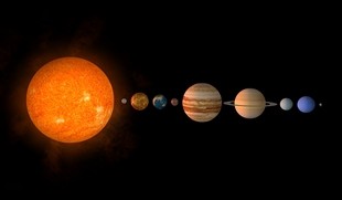 The sun with the 8 planets of the Solar system in a line.