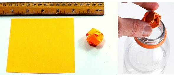 Illustration of 4 by 4 inch piece of paper, that when crumpled up creates a ball with a diameter of about 1 inch that easily fits through the mouth of a wide-mouth.