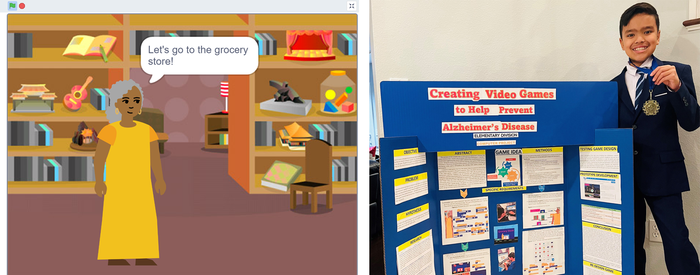 A screen from Roy's game and Roy with display board from the science fair