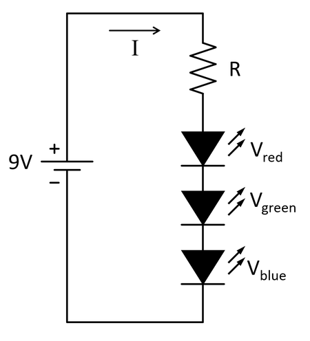 circuit diagram for three LEDs in series with a single resistor