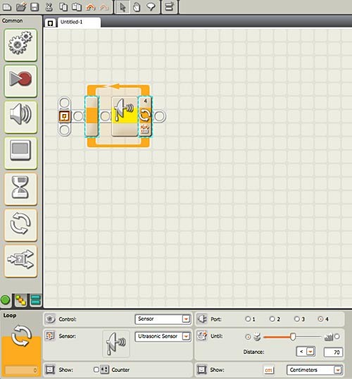 Screenshot of a loop block being used in the program Mindstorms NXT-G