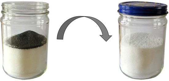 A glass jar filled with salt has iron filings added