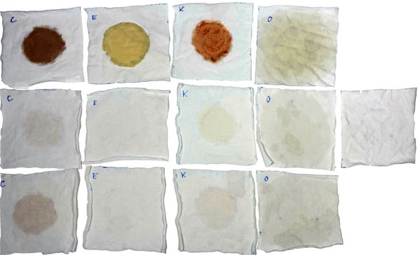 Stained and washed cotton squares from laundry detergent science experiment