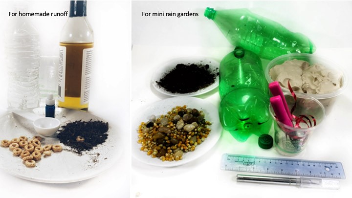 Picture of the materials needed to create homemade runoff (left) and miniature rain gardens (right) 