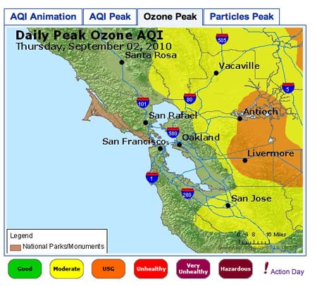 Screenshot of map displaying ozone averages from airnow.gov