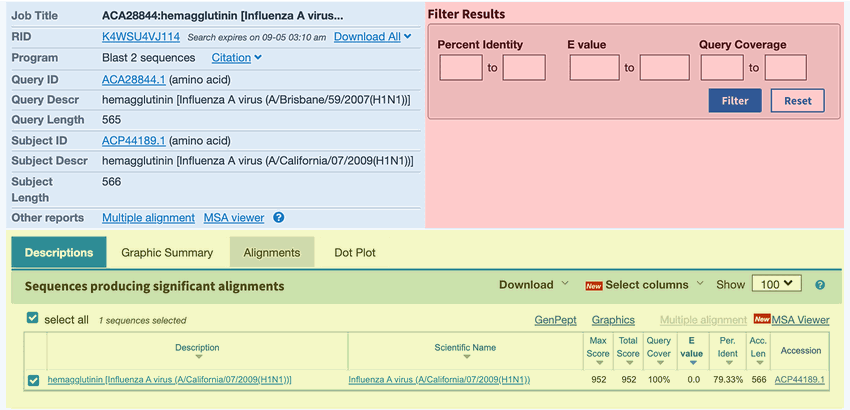 Screenshot of the results page in the BLAST tool on the ncbi.nlm.nih.gov website shows the search results for a two sequence alignment.