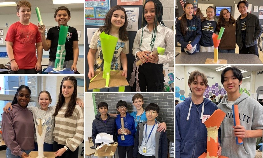 College of students, ages 11 through 14, showing off their rocket
      catching devices