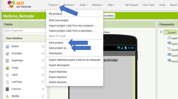 Start menu of the MIT app inventor at appinventor.mit.edu