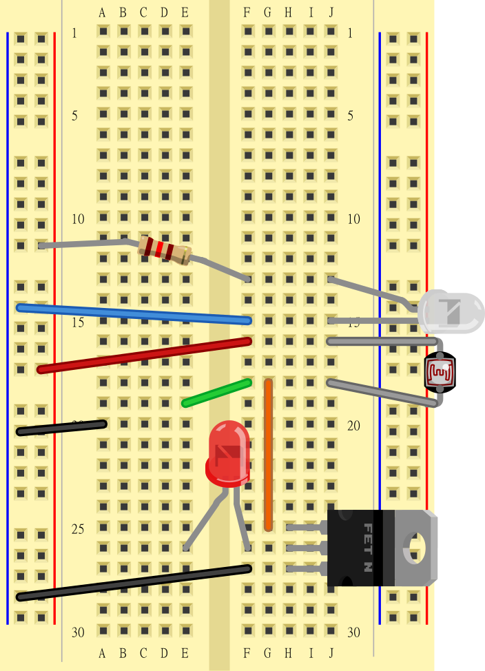 Diffused red LED long leg in E26, short leg in F26.