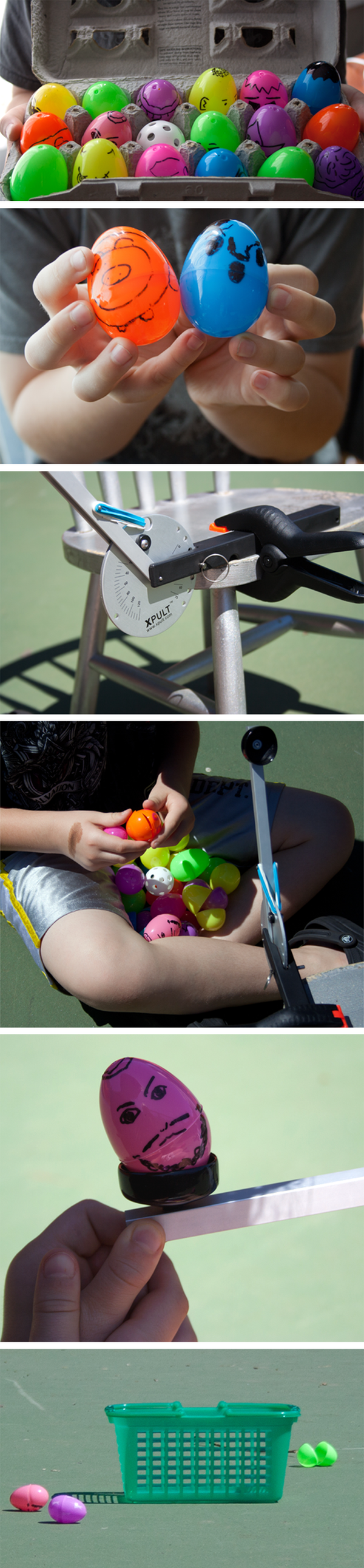 Six photos show decorated plastic eggs being launched from a catapult into a basket