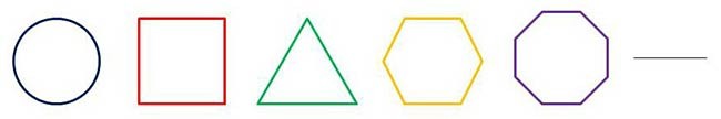 A circle, square, triangle, hexagon, octagon and a line
