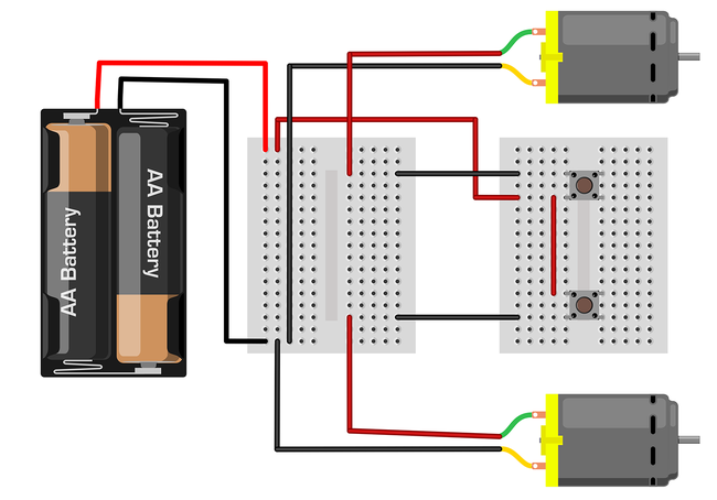 Breadboard view of the robot's circuit with a battery pack, motors, and buttons. One breadboard has the connections between the battery pack and motors. The other breadboard has the buttons and will be used as a remote.