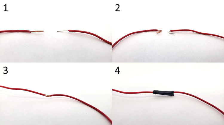 Four pictures showing how to connect a stranded wire to a solid wire. 1. Strip the ends of the wires. 2. Bend the wires into hook shapes. 3. Twist and crimp the wires together. 4. Wrap with electrical tape.