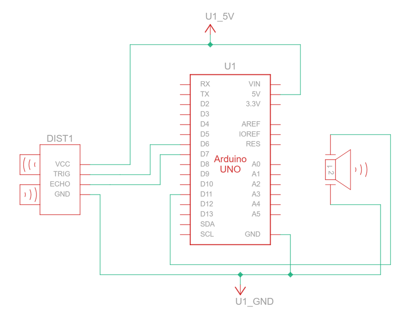 Circuit schematic for proximity sensor circuit with ultrasonic sensor and buzzer