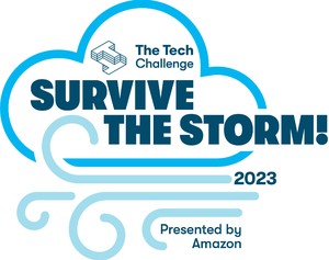 The Tech Challenge Survive the Storm logo, includes the year 2023 and Presented by Amazon