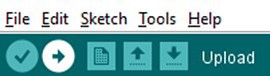 Where upload button is located on the top bar of the Arduino IDE 