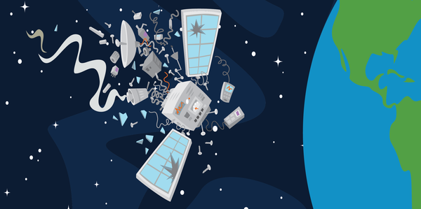 illustration of satellite shattered and broken into many pieces, floating in space above the earth