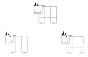 Three identical animals, each made up of six blocks.