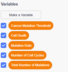 Scratch blocks for the five variables: cancer mutation threshold, cell death, mutation rate, number of cell cycles, and total number of mutations.