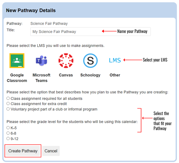 Create Pathway box screenshot