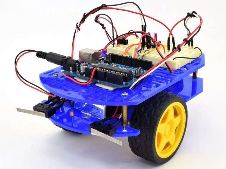 An Arduino robot with two bump sensors mounted on the front