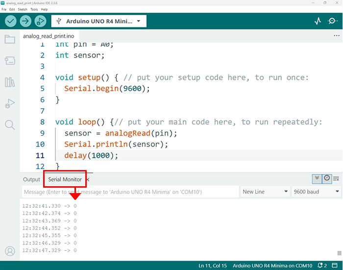 Screenshot in Arduino IDE showing zeroes in the serial monitor output