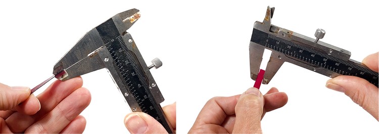  Left: Calipers measure the thickness of the biofabric sample. Right: Calipers measure the width of the sample.